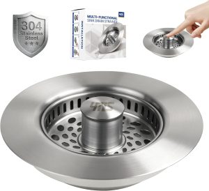 YMS Kitchen Sink Filter, 304 Stainless Steel, 5 in 1 Multi-Functional, Pop-up Drain Plug, Food Residue Collection, Odor Reduction Filtration, Brushed Finish, Fits Standard Drain
