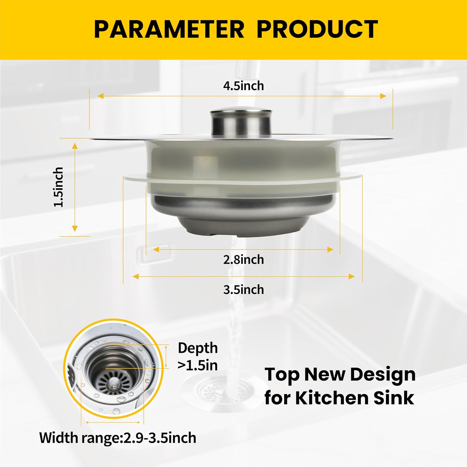 YMS 304 Stainless 5-in-1 Pop-up Sink Strainer/Filter: Food, Odor, Standard Drains. - Image 2