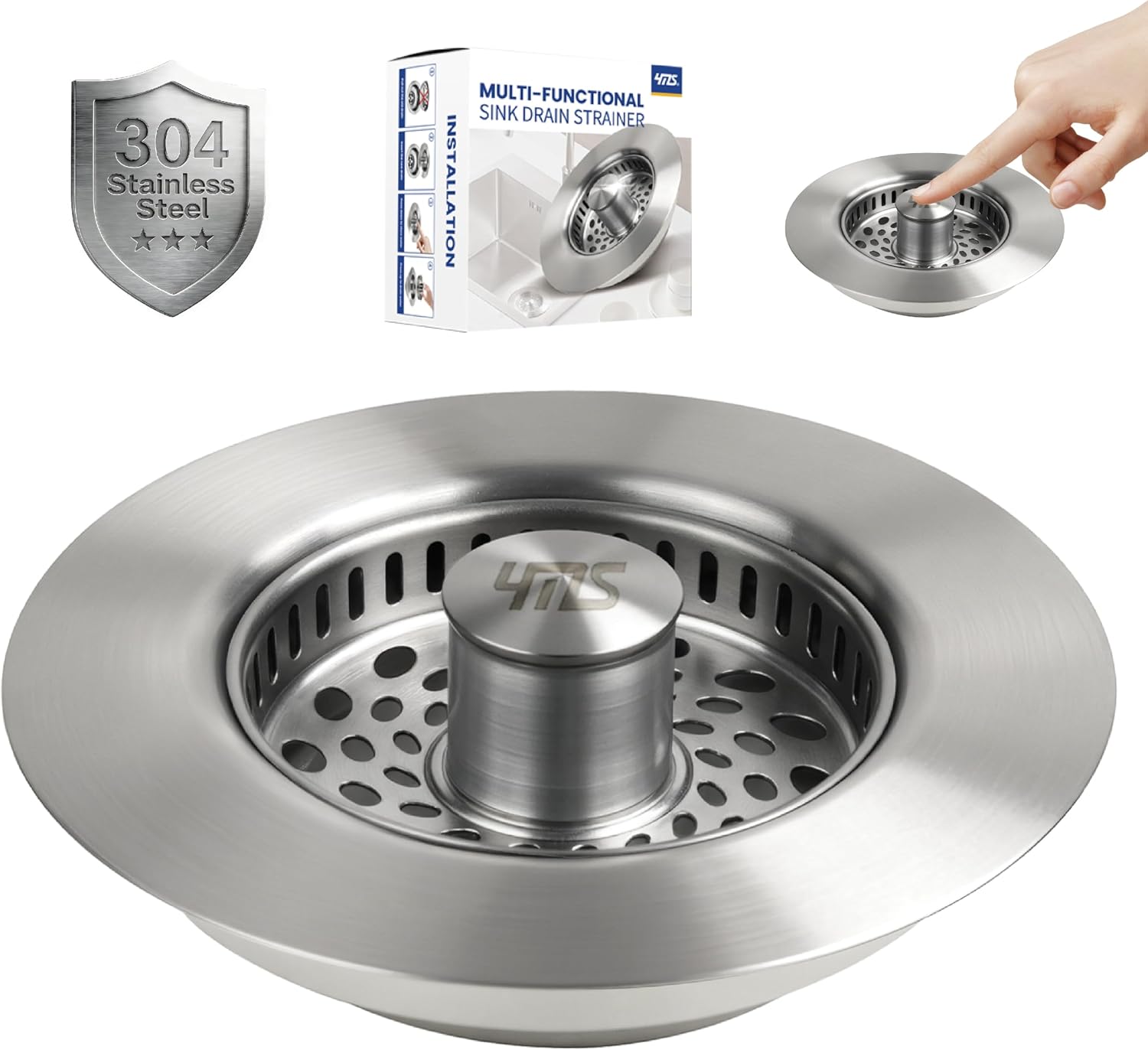 YMS Kitchen Sink Filter, 304 Stainless Steel, 5 in 1 Multi-Functional, Pop-up Drain Plug, Food Residue Collection, Odor Reduction Filtration, Brushed Finish, Fits Standard Drain