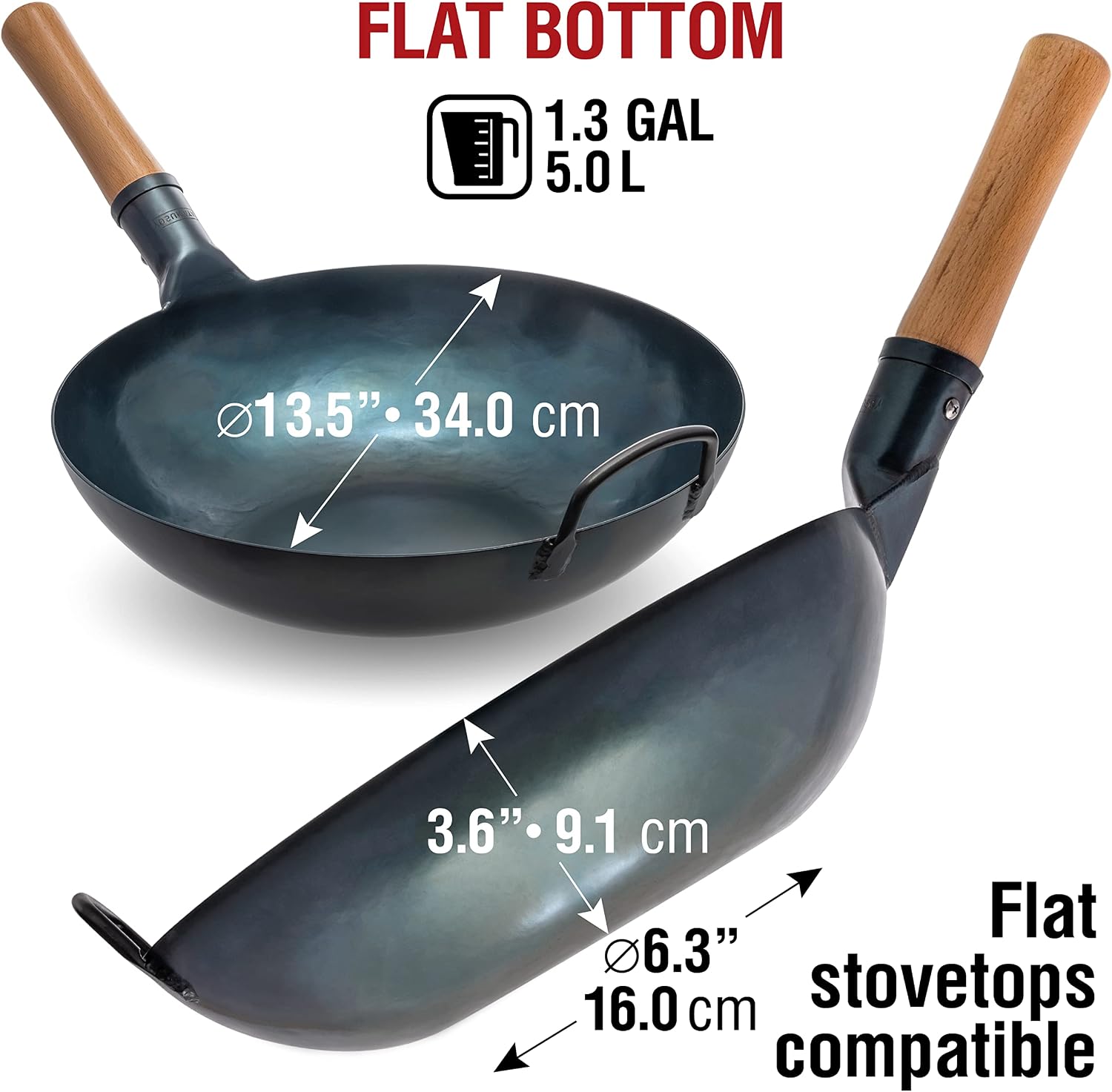 YOSUKATA 13.5" Blue Carbon Steel Wok: Pre-Seasoned Flat, All Cooktops. - Image 2