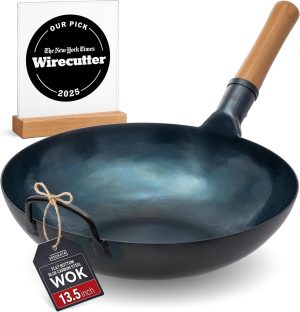 YOSUKATA 13.5” Blue Carbon Steel Wok Pan – Pre-Seasoned Flat Bottom Wok Compatible with open fire, gas, electric, ceramic, induction cooktops -Traditional Chinese Pan for Stir Fry, BBQ, Grill, Camping
