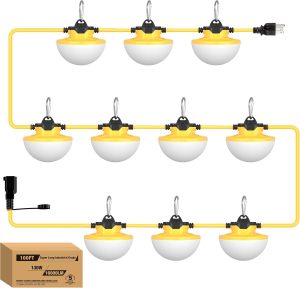 YXL 100FT 3Prong Construction String Lights 16000LM 130W Industrial LED String Lights, IP65 Waterproof 18AWG Wire 5000K Super Bright for Construction Sites Temporary Work Jobsites Outdoor Lighting
