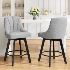 YaFiti 24" Swivel Counter Height Bar Stools Set of 2, Light Gray | Fabric Upholstered Counter Bar Stools with Solid Wood Legs for Kitchen Island, Home Bar, Light Gray