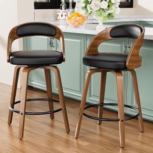 Shop Kitchen Tools & Home Decor YaFiti Bar Stools Set of 2, 26" Bentwood Counter Height Barstools, Black | Swivel, Mid-Century Modern, Faux Leather, Ergonomic Backrest, Padded Seat, Bentwood Legs, Footrest, for Kitchen Island, Bar