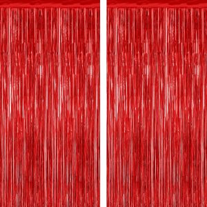 ZATAYE 2 Pack Red Foil Curtain Backdrop Birthday Party Decorations | Red, Metallic Foil, 3.28 x 7.05 FT, Tinsel Backdrop, Foil Curtain Streamer, Valentines Christmas Party