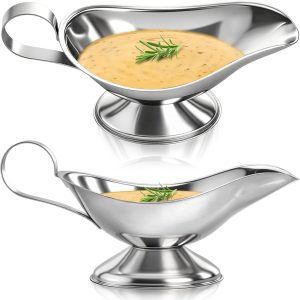 ZOOFOX Set of 2 Gravy Boat, 8 oz Stainless Steel Sauce Boat with Easy-Pour Spout and Handle, Sauce Serving Dish for Salad Dressings, Creamer, Broth, Black Pepper