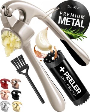 Zulay Kitchen Premium Garlic Press Set - Rust Proof Professional Garlic Mincer Tool - Easy-Squeeze, Easy-Clean with Soft, Ergonomic Handle - Silicone Garlic Peeler & Brush (Silver)