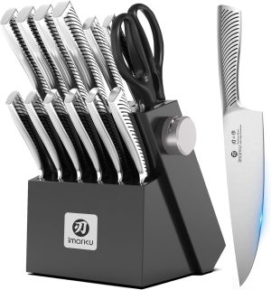imarku 14 Pcs High-Carbon Stainless Steel Kitchen Knife Set Black | 56±2 HRC Hardness | Build-in Sharpener | Full Tang Ergonomic Handle | Dishwasher Safe | Gifts for Men