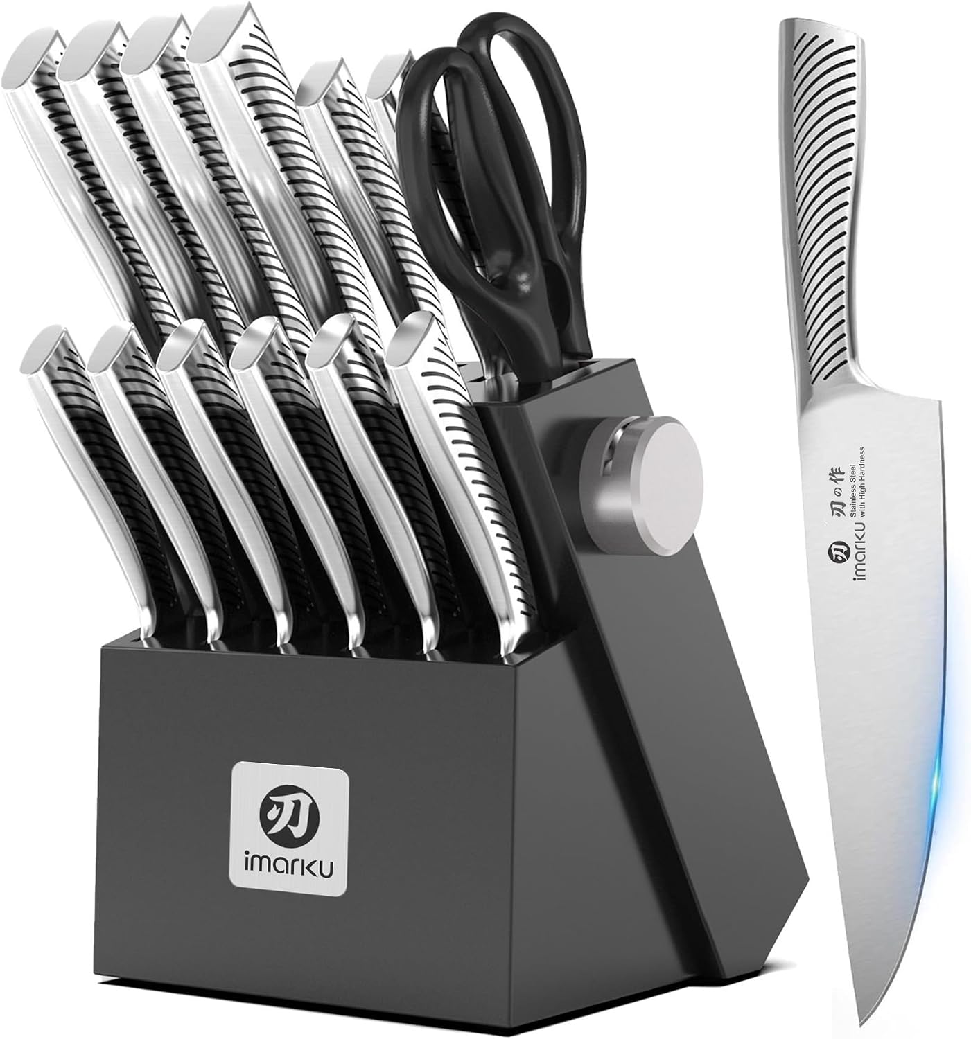 imarku 14 Pcs High-Carbon Stainless Steel Kitchen Knife Set Black | 56±2 HRC Hardness | Build-in Sharpener | Full Tang Ergonomic Handle | Dishwasher Safe | Gifts for Men