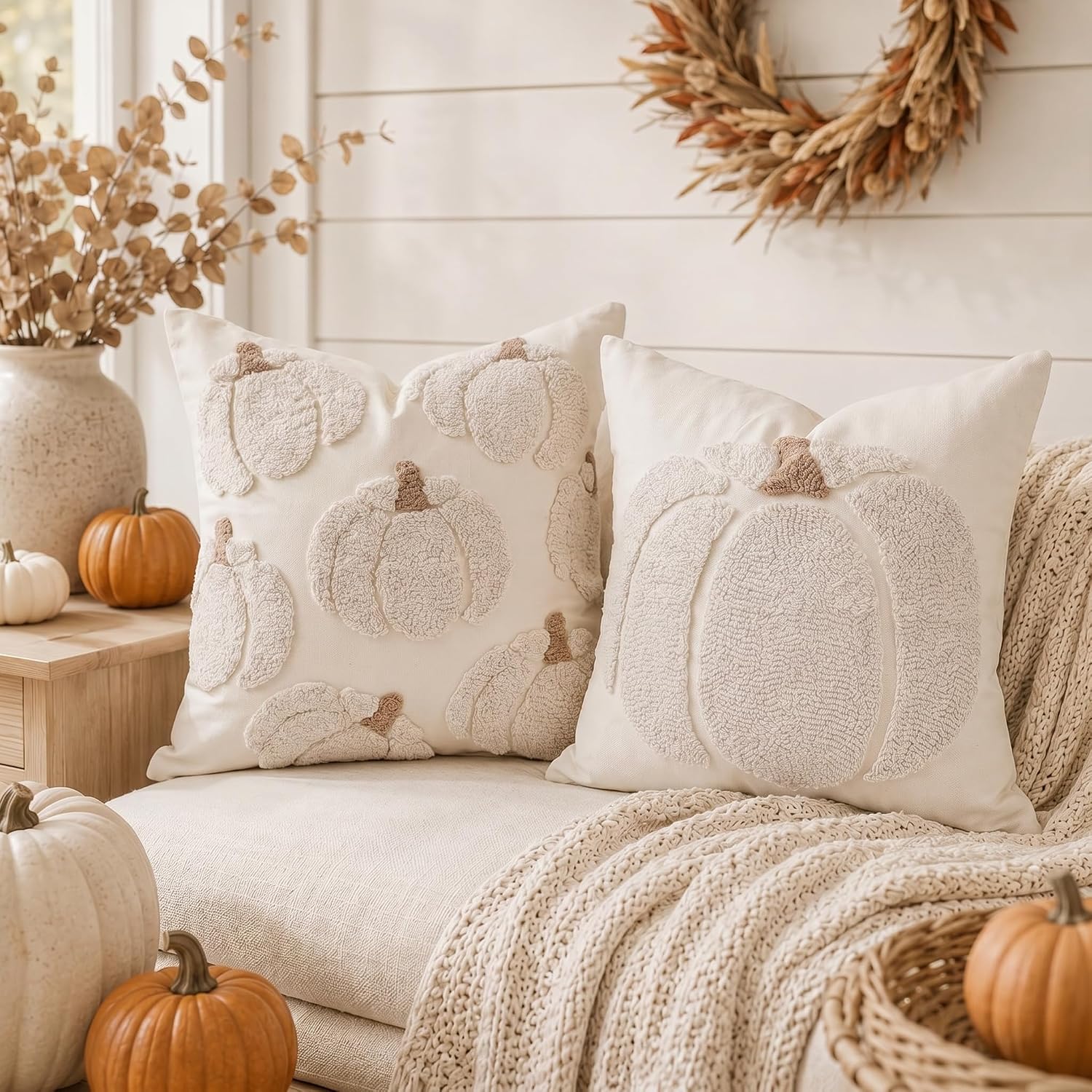 <p><strong>Fall Farmhouse Tufted Pumpkin Pillow Covers, Beige 18x18 (Set of 2)</strong></p> - Image 2