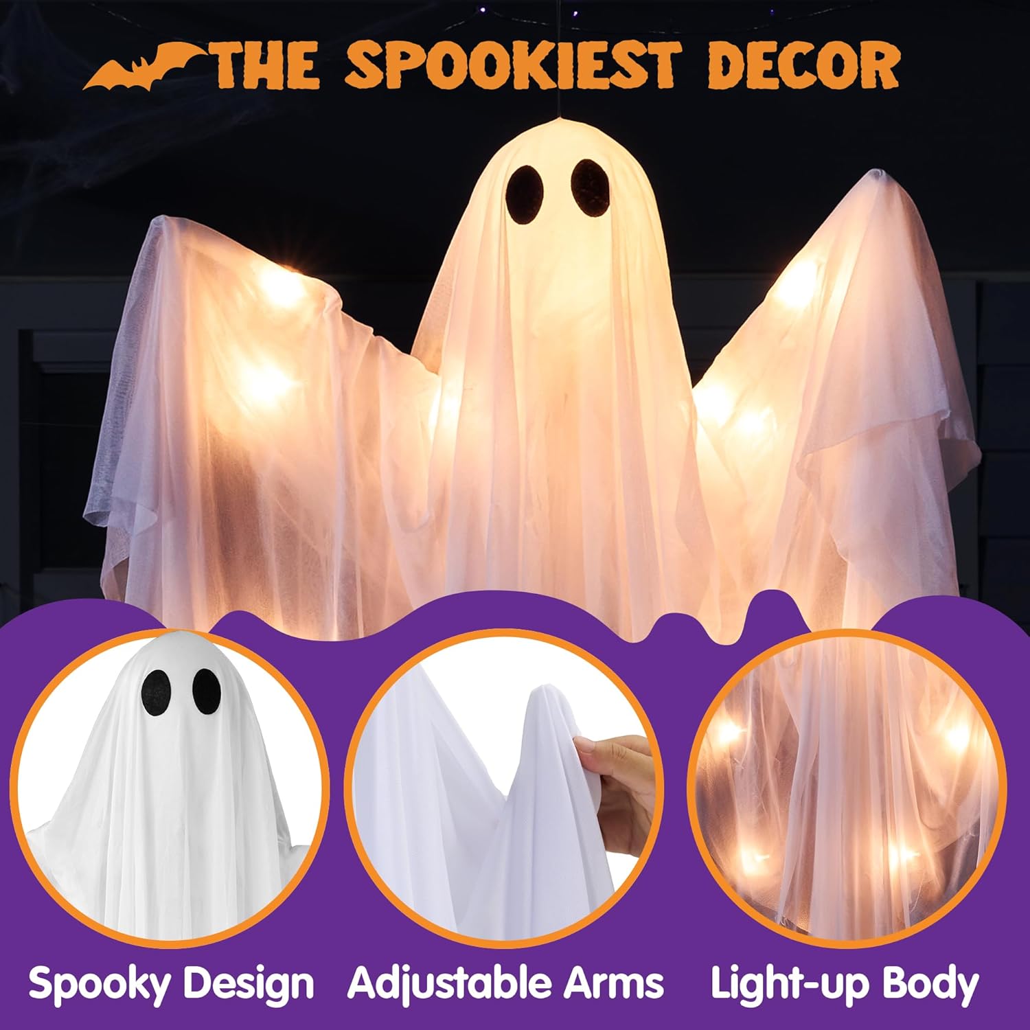 <p><strong>Waterproof 47" White Hanging Ghost with Warm LED Light & Timer for Halloween.</strong></p> - Image 2