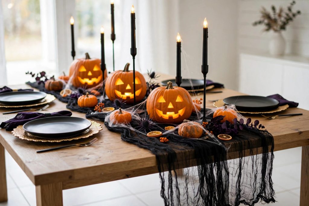 Halloween-decorated dining table with a black gauze cheesecloth runner, glowing jack-o-lanterns, black candlesticks, and mini pumpkins