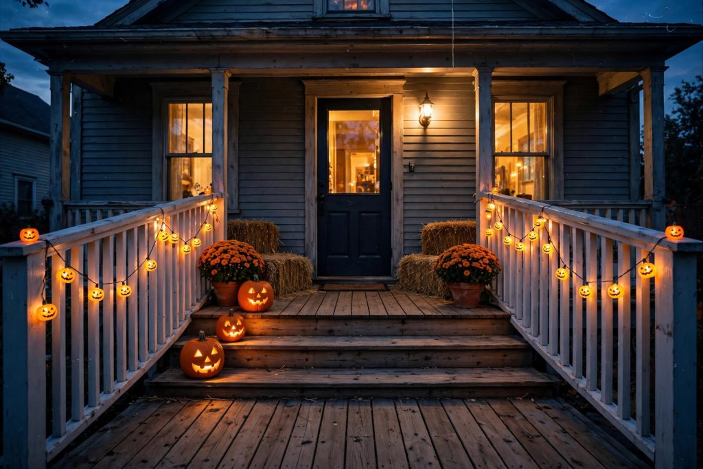 Halloween-decorated front porch at dusk with glowing pumpkin string lights, jack-o'-lanterns on the steps, and hay bales by the front door