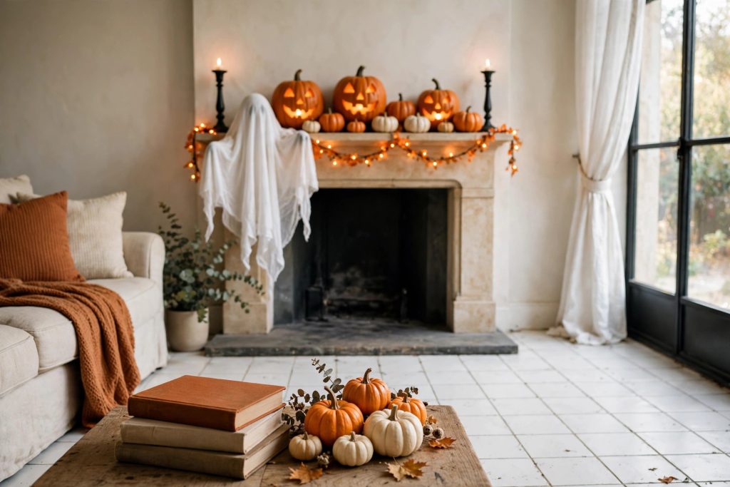 Halloween-decorated living room with a styled fireplace mantel, glowing jack-o-lanterns, ghost figure, string lights, and a coffee table pumpkin cluster
