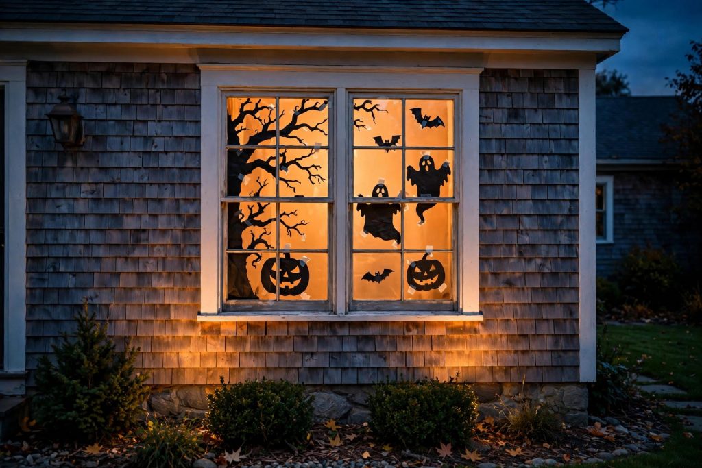 Halloween window decorations with black silhouettes of ghosts, bats, jack-o-lanterns and a haunted tree glowing against orange backlight at night