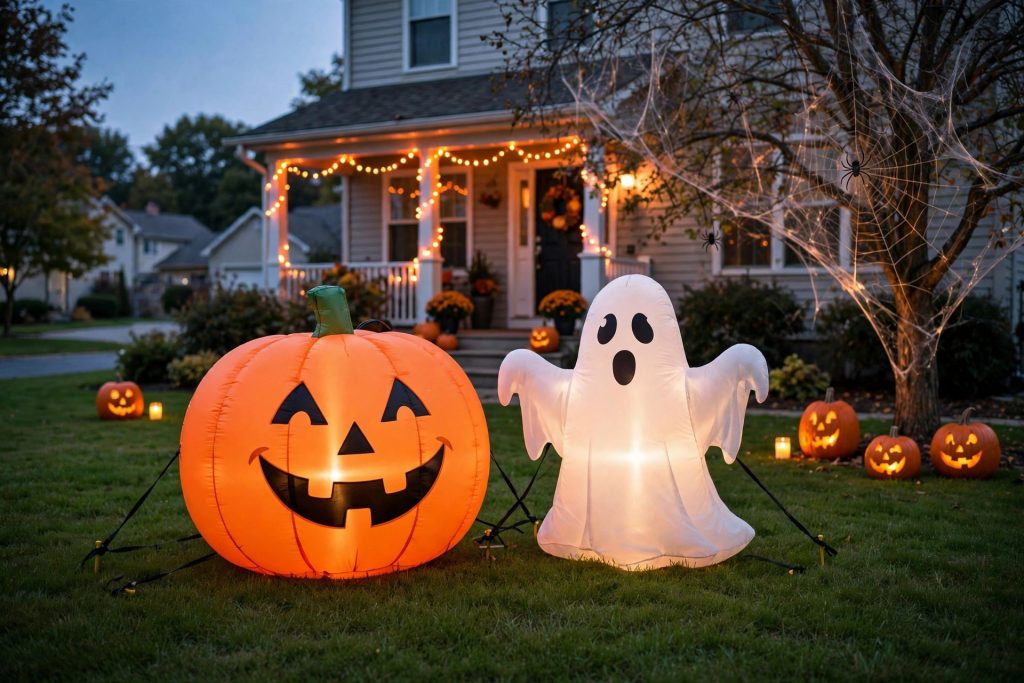 Inflatable pumpkin ghost Halloween yard decorations with orange LED string lights on a porch and glowing jack-o-lanterns at dusk