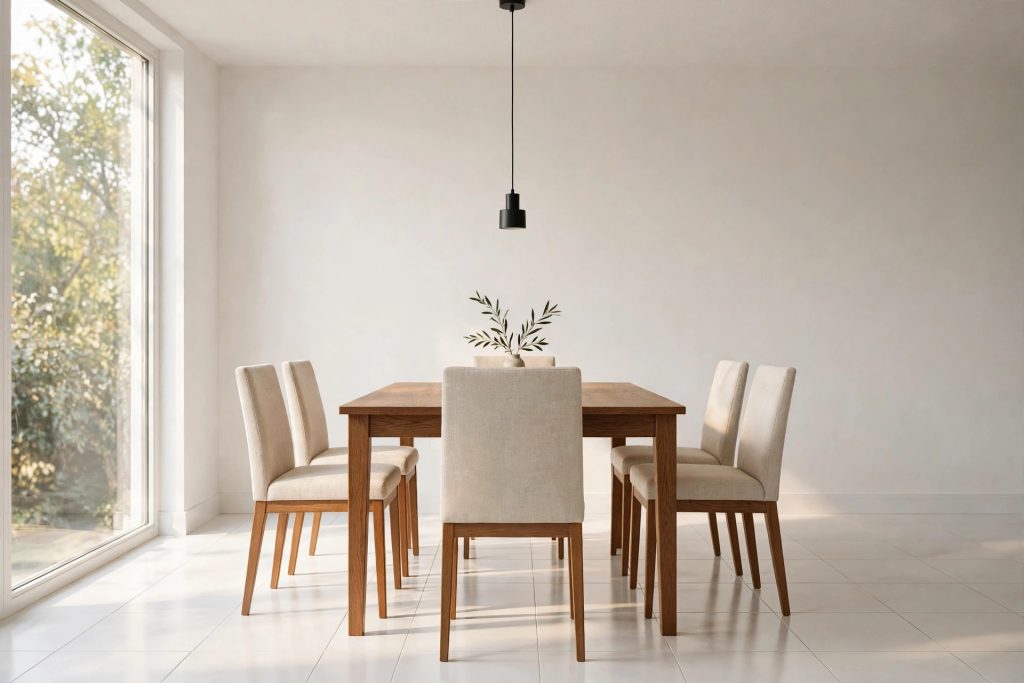 Rectangular wooden dining table sized to seat six people in a bright dining room with a clean white tile floor