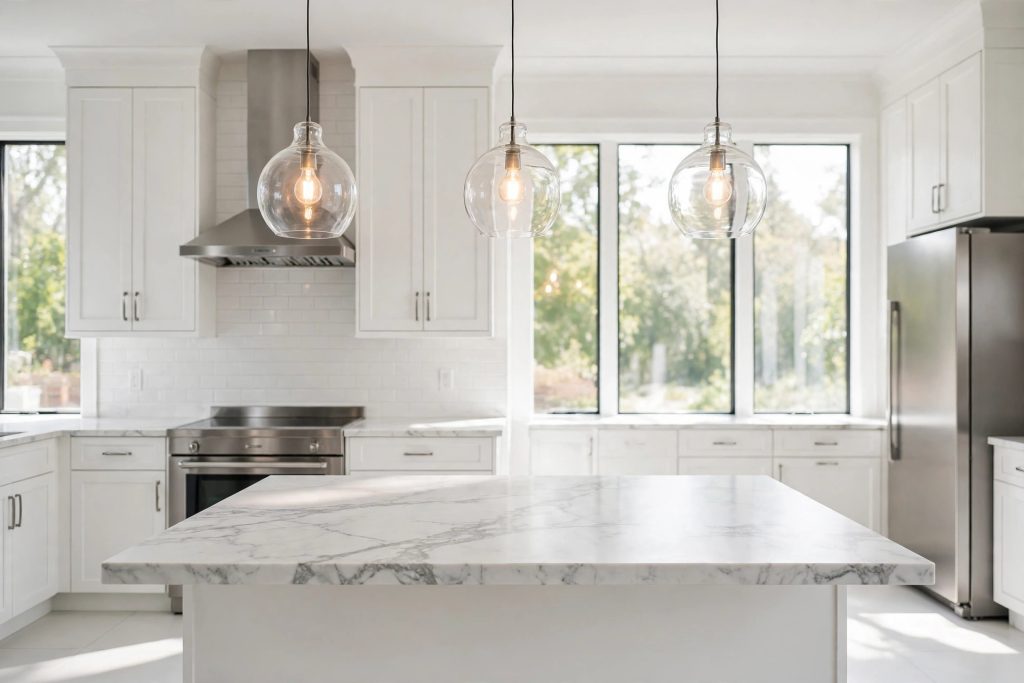 Three glass pendant lights hanging over a kitchen island.