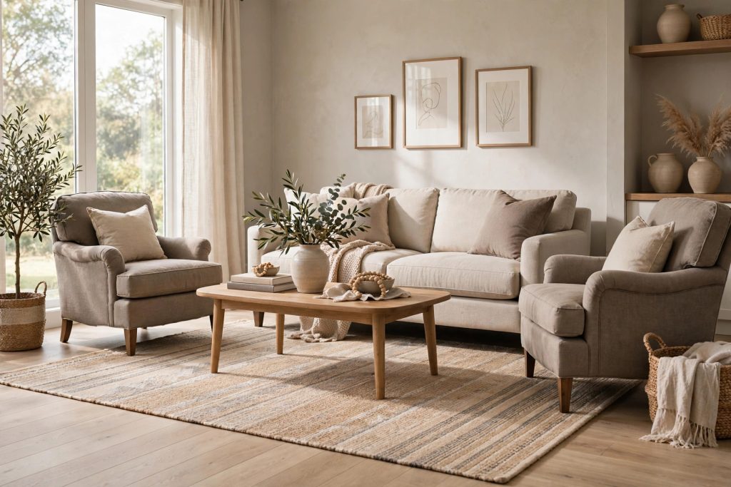 Living room with a correctly sized 8x10 area rug under the sofa and coffee table