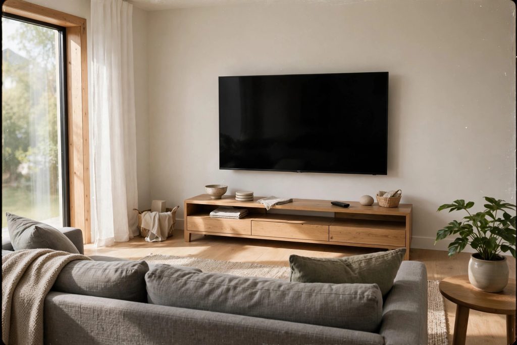 Wall-mounted flat-screen TV sized for a living room, viewed from the sofa at a comfortable distance.
