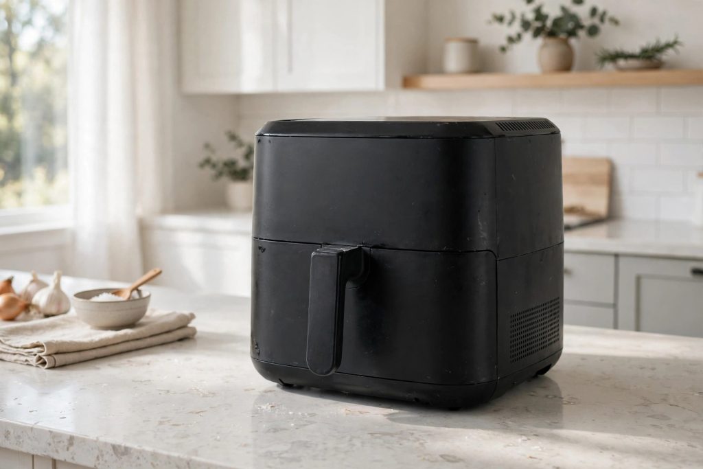 5-quart air fryer with pull-out basket on a modern kitchen countertop