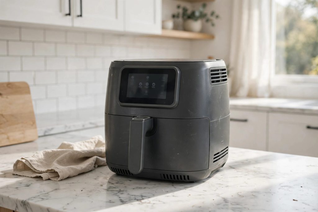 6-quart air fryer with digital touchscreen display on a kitchen counter