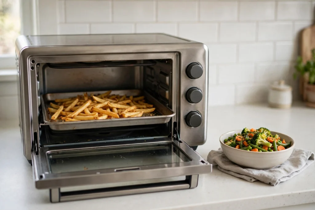 Countertop air fryer toaster oven with a tray of french fries in a bright home kitchen