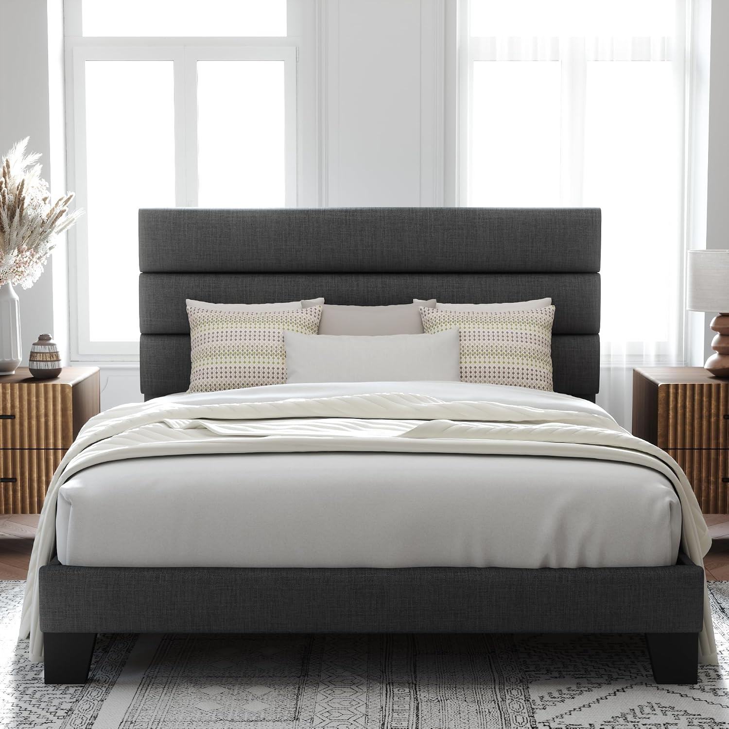 Allewie queen platform bed frame with fabric upholstered headboard