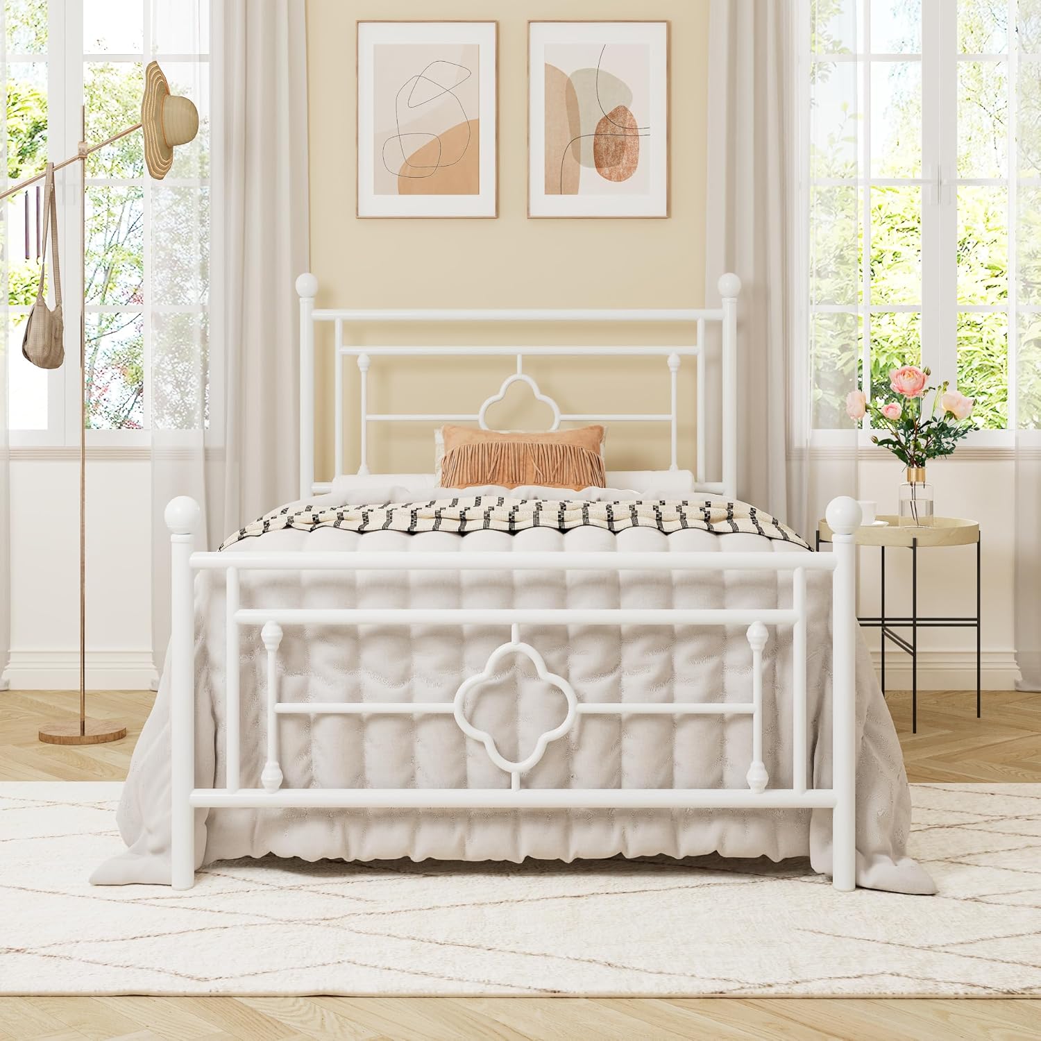 Allewie twin size metal platform bed frame Victorian headboard white