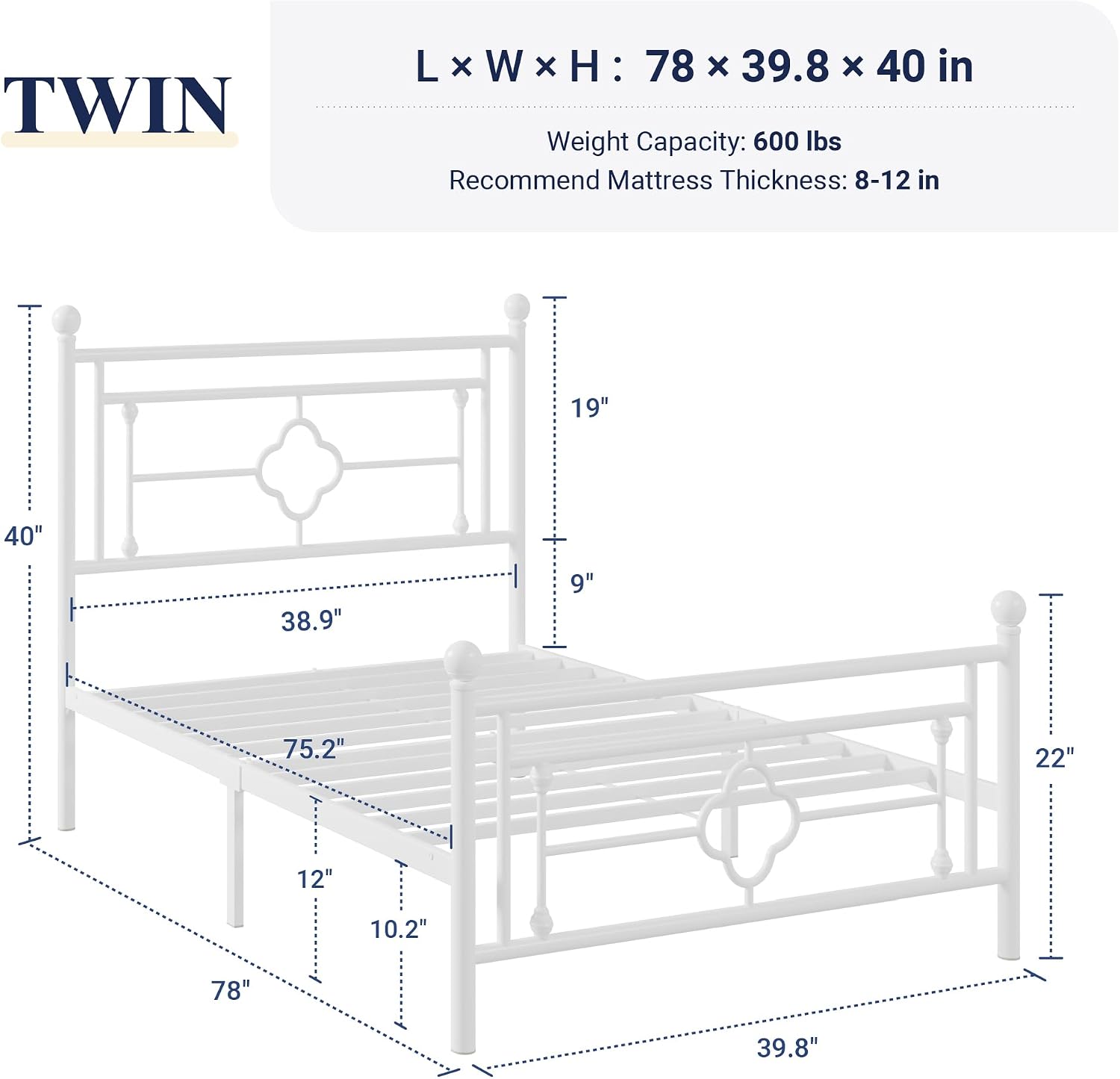 Allewie twin metal platform bed frame detail view