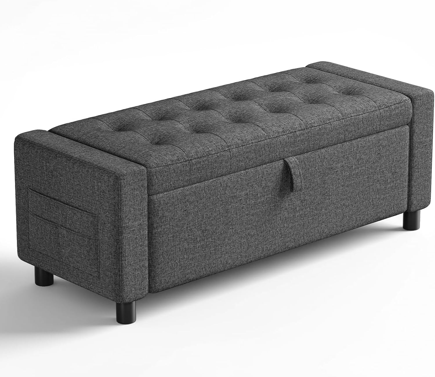 Amada 46-inch storage ottoman bench in dark gray tufted fabric