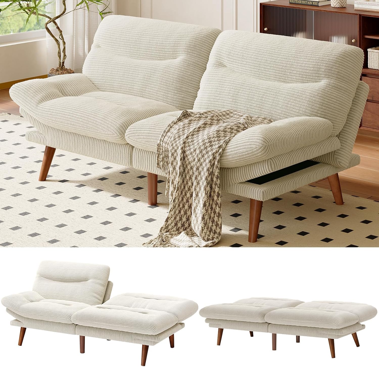 AMADA 66 inch convertible futon sofa bed in beige corduroy with split back shown in sofa and flat positions