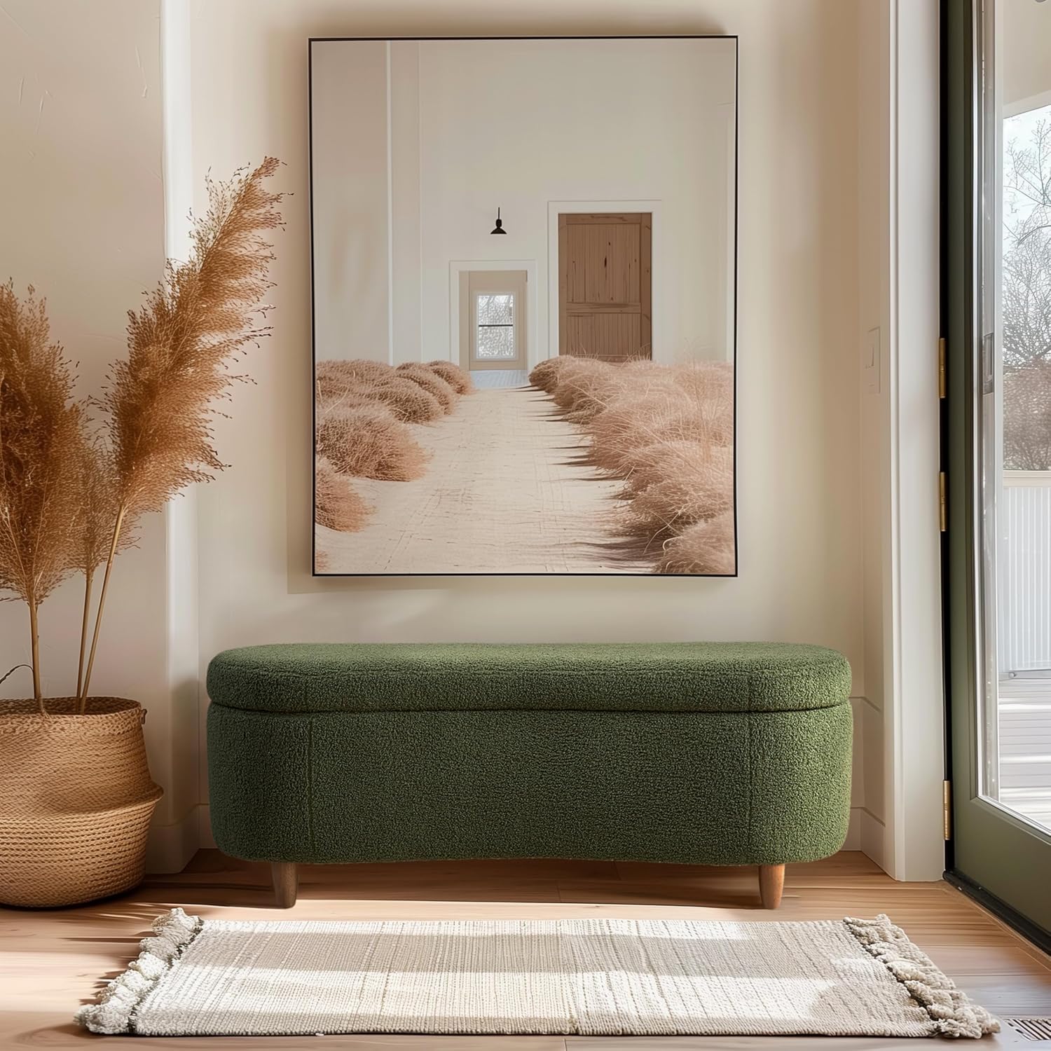 Bailey boucle-style curved storage accent bench in green with wooden legs