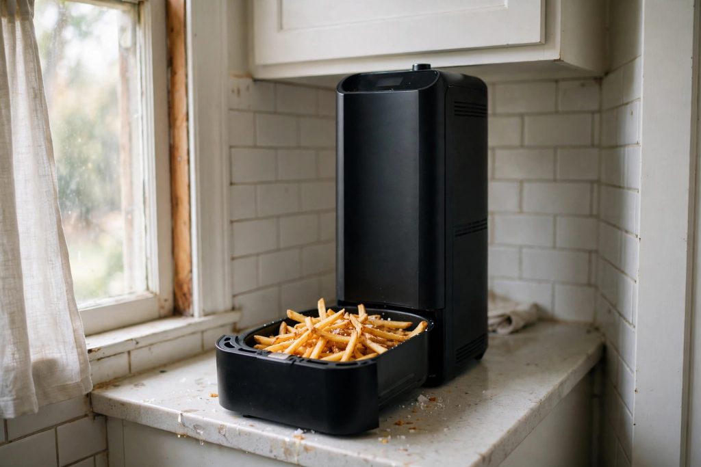 Bella 6 quart slim air fryer with basket open on a small kitchen counter