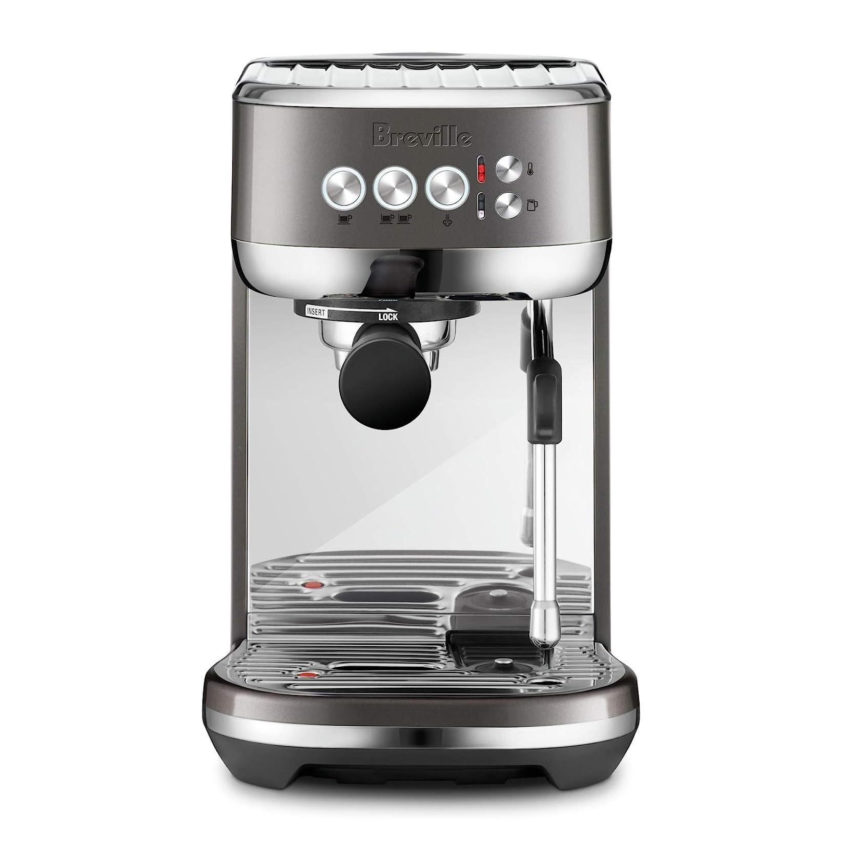 Breville Bambino Plus espresso machine in brushed stainless steel, front view