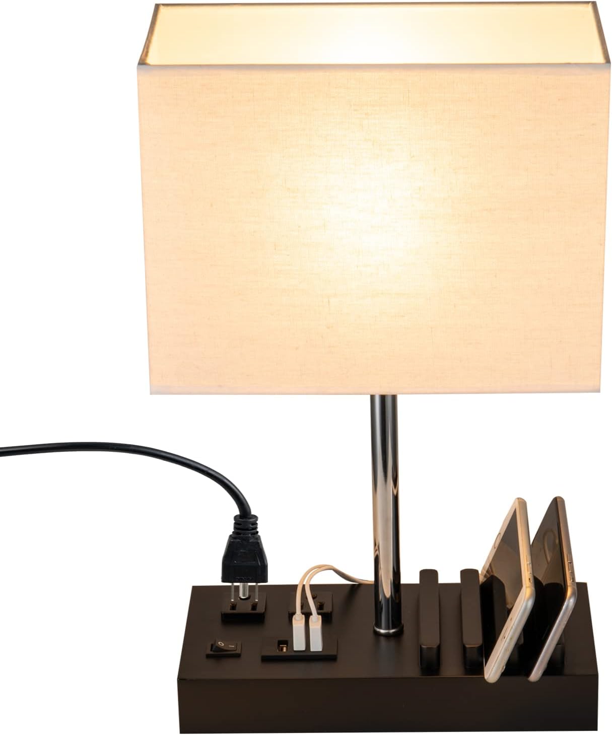 Briever table lamp with charging station wood base, phone stand slots and cream rectangular shade