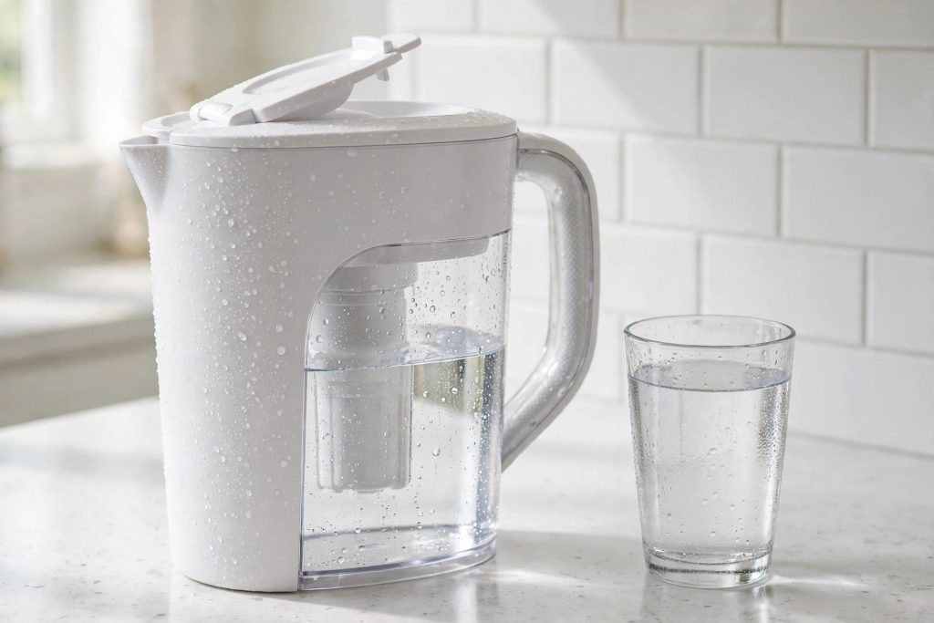 Brita Everyday 10-cup water filter pitcher with easy-fill lid on a bright kitchen countertop