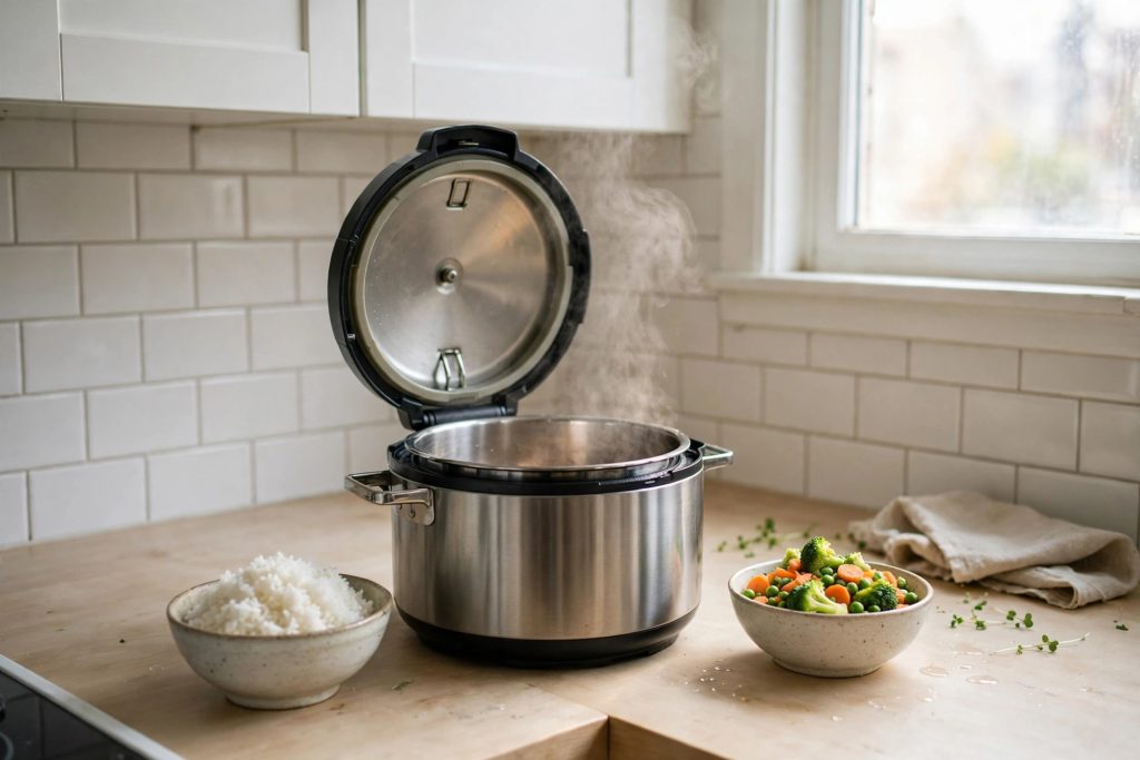 CARORI 3QT compact electric pressure cooker 9-in-1 multicooker open and steaming on a bright kitchen counter with rice and vegetables