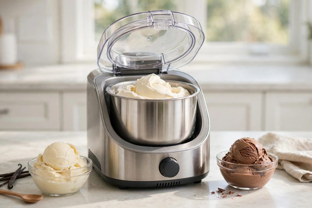Chefman Iceman Trio ice cream maker churning fresh homemade ice cream on a kitchen counter