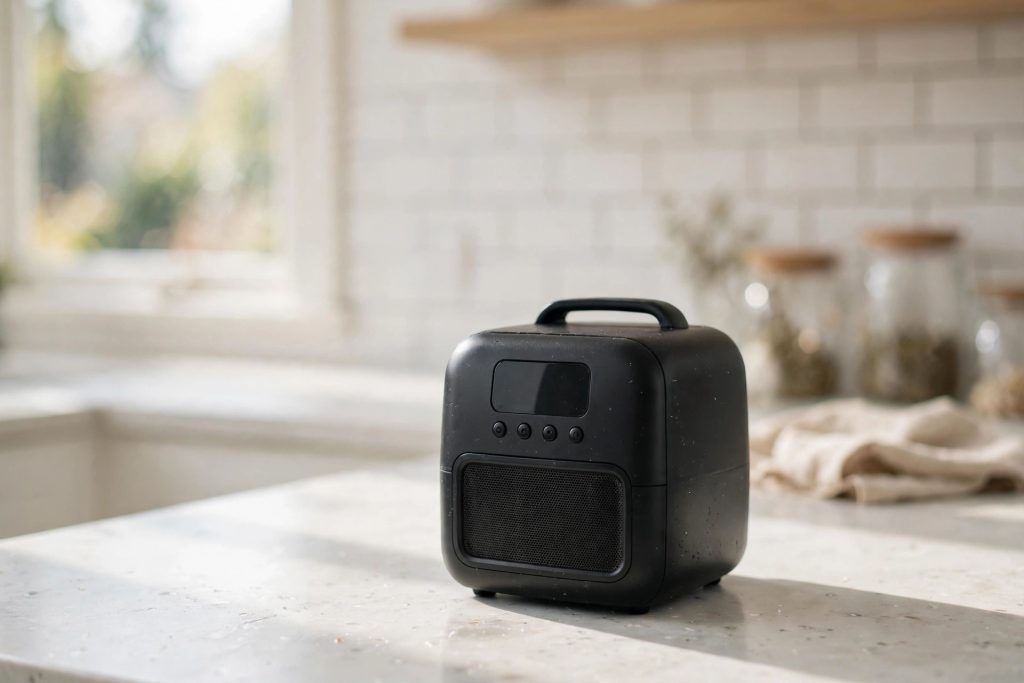 Compact 2 quart digital mini air fryer on a bright kitchen countertop - small air fryer review