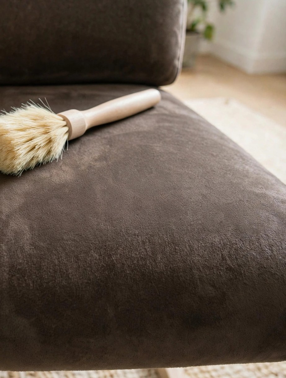 Soft horse hair brush resting on a brushed cushion after cleaning a microfiber couch