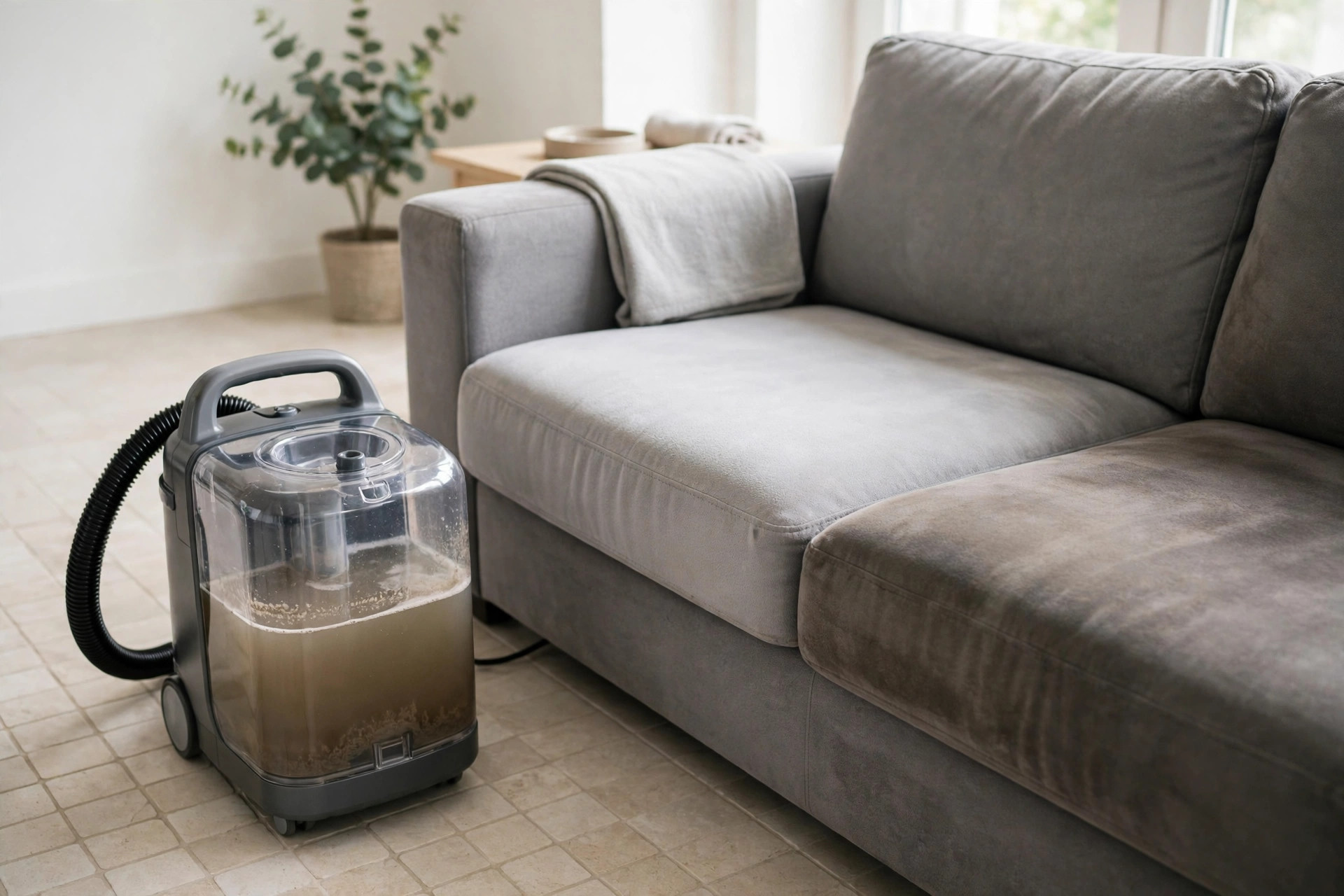 Portable extractor with a tank of dirty water next to a half-cleaned couch when you clean a microfiber couch