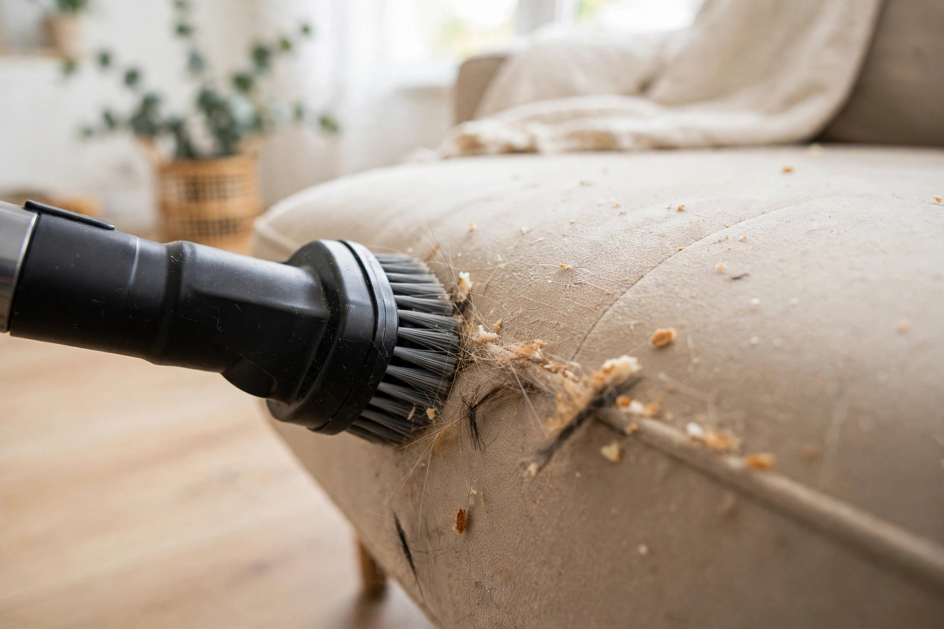 Vacuuming pet hair and crumbs from the seams while learning how to clean a microfiber couch