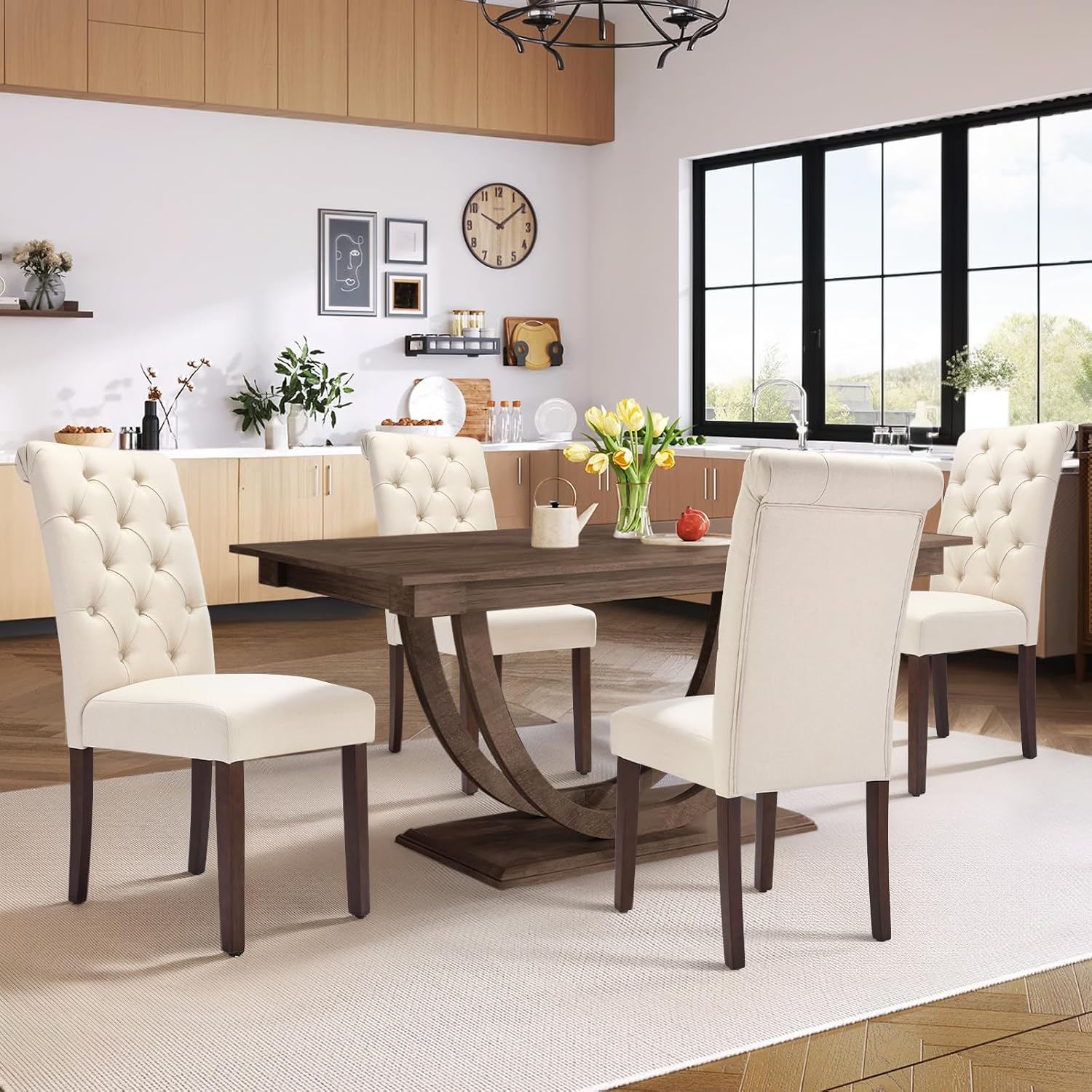 COLAMY tufted parsons dining chairs set of 4 in beige with solid wood legs