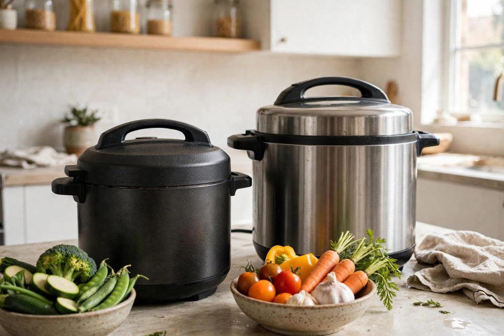 Two electric multicookers side by side on a bright kitchen counter, COMFEE 12-in-1 vs Instant Pot Duo Plus 9-in-1 multicooker comparison with fresh vegetables
