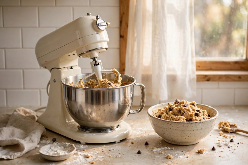 Compact 3.2 quart stand mixer with fresh cookie dough on a bright kitchen counter