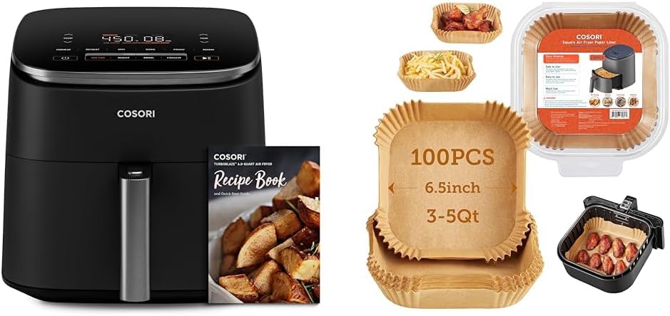 Cosori TurboBlaze 6 quart compact air fryer bundle with 100 disposable paper liners