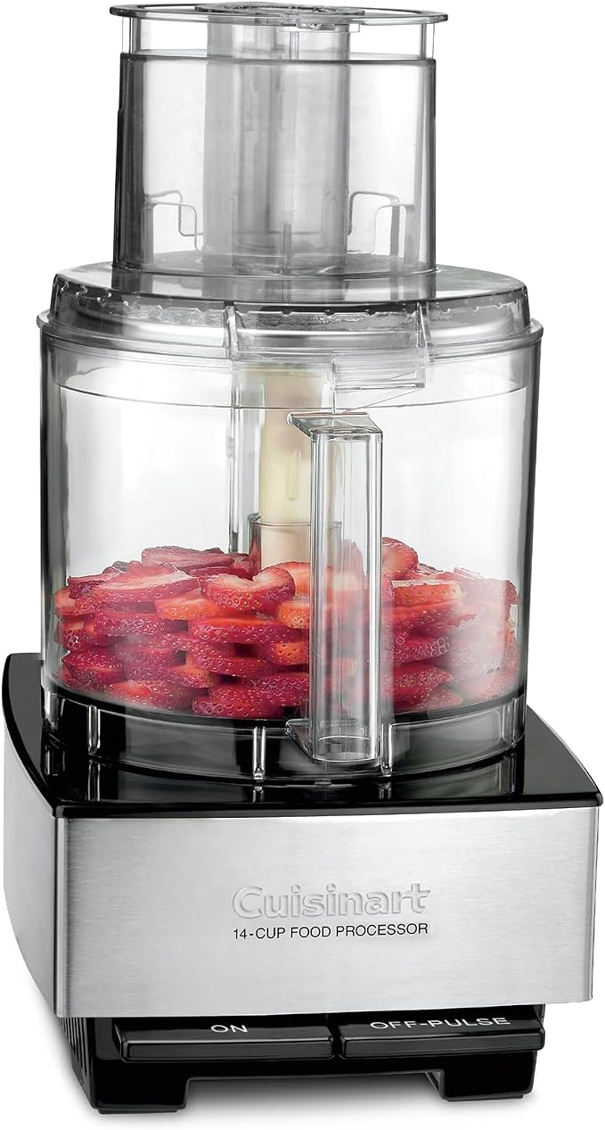 Cuisinart 14-cup food processor in brushed stainless steel, front view