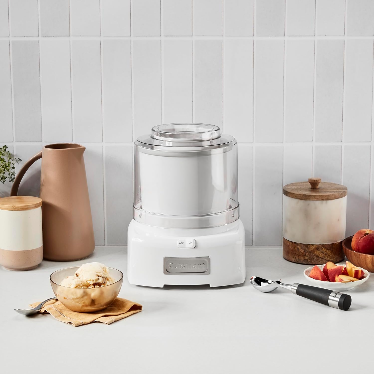 Cuisinart ICE-21 ice cream maker detail view with freezer bowl