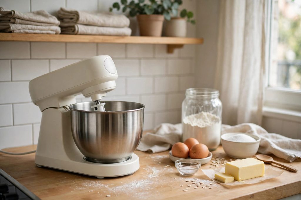 Dash 3.5QT tilt-head stand mixer with stainless bowl on a compact kitchen counter with eggs flour and butter